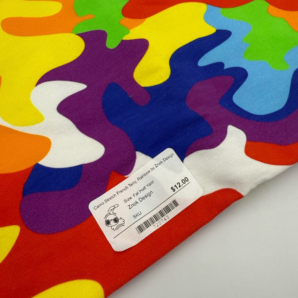 Rainbow Camo Fat Half French terry by znok design. (Imported - Euro)